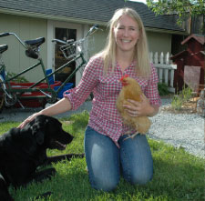 woman, dog, chicken