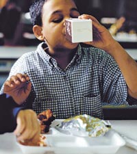 Young boy drinking milk in school cafeteria