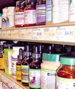 Supplements on a shelf, health and body care products