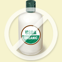 Body care container that says 'USDA Organic' with slash through it