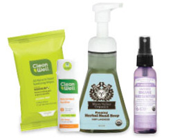 CleanWell Hand Sanitizing Wipes, CleanWell Sanitizing Orange Vanilla Spray, Dr. Bronner's Organic Lavender Hand Sanitizing Spray, and Moon Valley Organic Mint Lavender Hand Soap