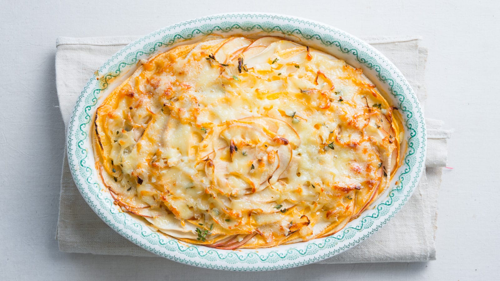 apple gruyere and root veggie gratin