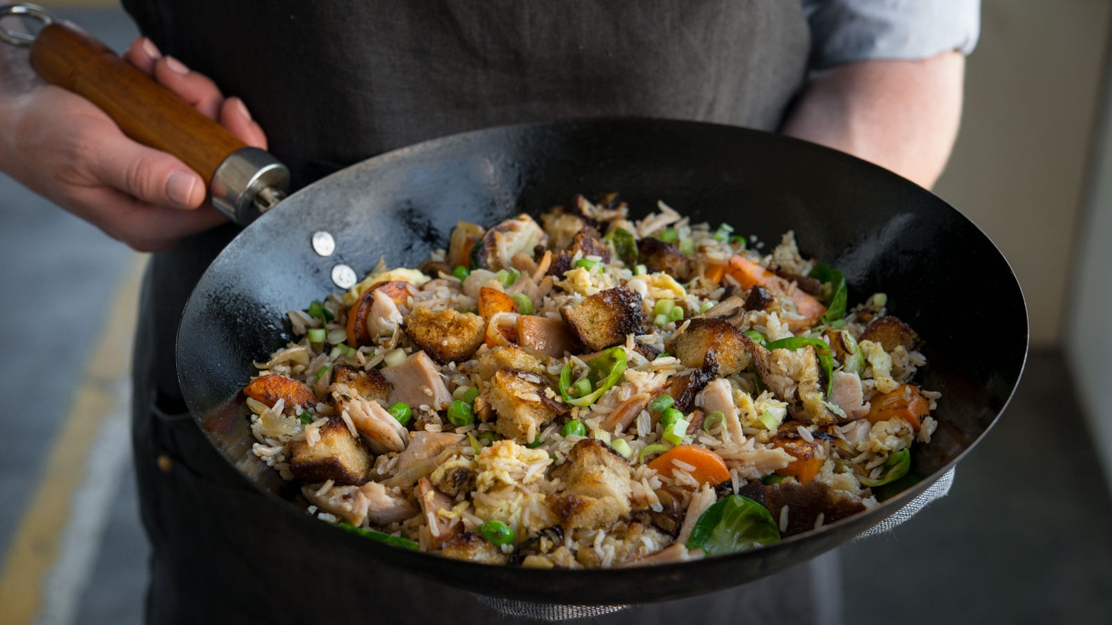 turkey stuffing fried rice in wok