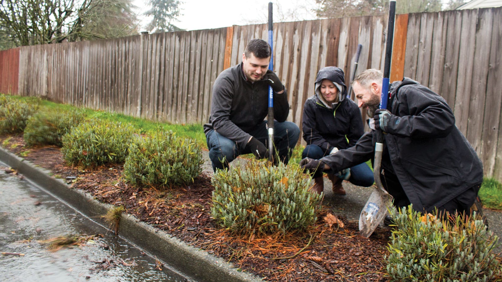Eric Patno, President of NW Honey Bee Habitat Restoration, teaches James Parker and Brandy Oliver, PCC Edmonds staff, about the connection between forage and local pollinators – in the PNW rain.