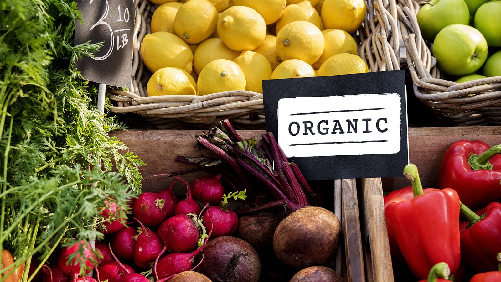 Baskets of fresh organic produce.