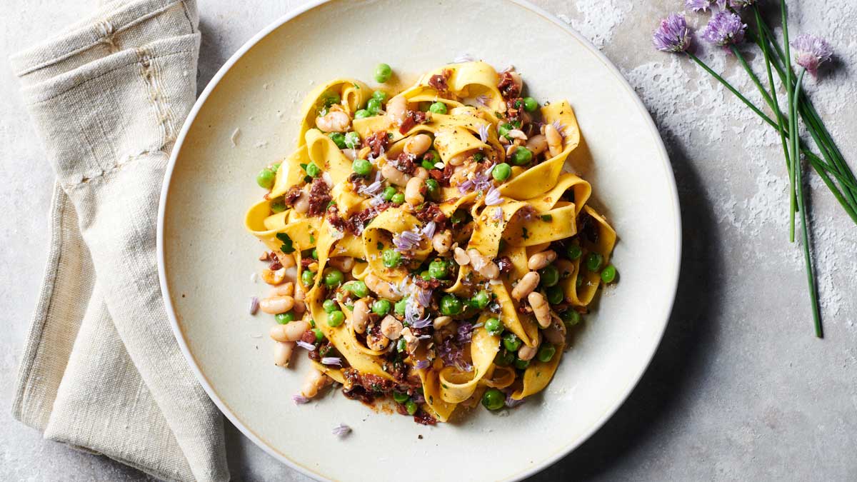 Pappardelle with Peas, Hazelnuts and White Beans