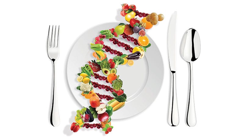 Abstract concept of DNA double helix made out of food.