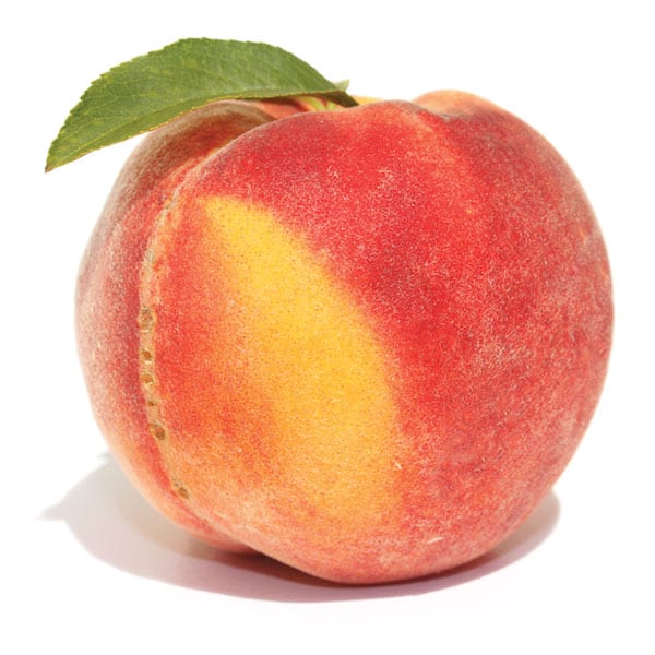 Single peach on a white background.