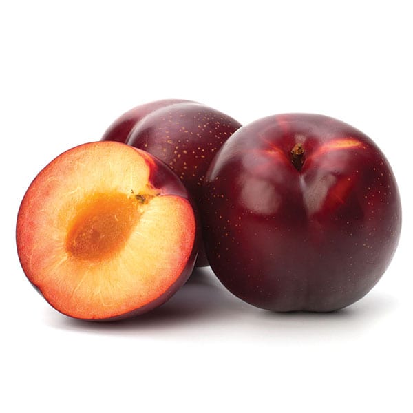 Red plums on a white background.
