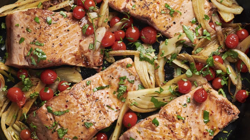 Pan-roasted Salmon with Roasted Cherry Tomatoes and Fennel