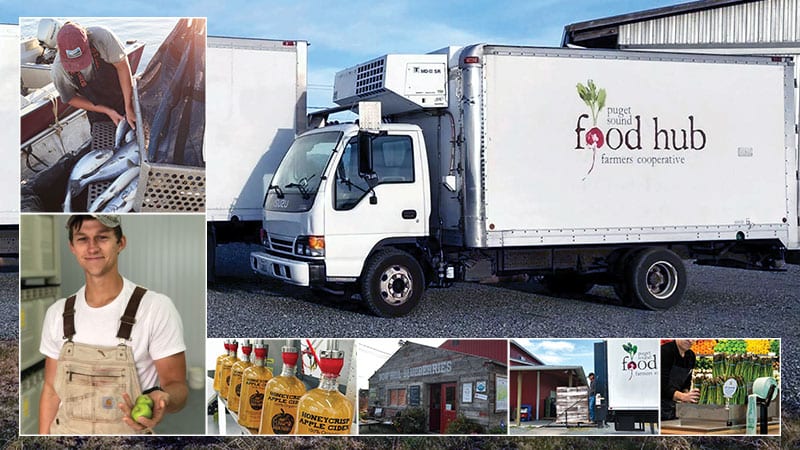 Man emptying salmon catch into crates. Man at Sauk Farm holding apples. Apple cider being bottled. Bow Hill blueberry farm stand. Food hub truck loading up crates. PCC employee stacking up asparagus. Photos courtesy of Puget Sound Food Hub.