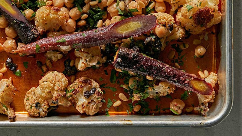 Roasted Cauliflower and Carrots with Tahini Dressing and Chickpeas