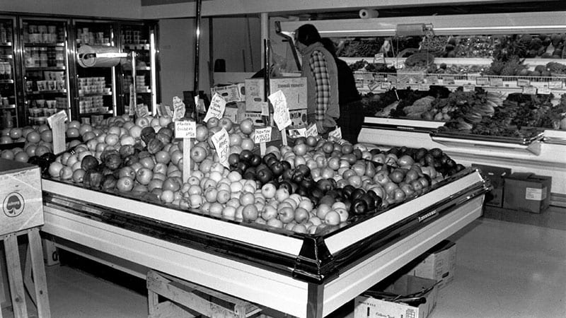 Historic photo of the produce section at a PCC store