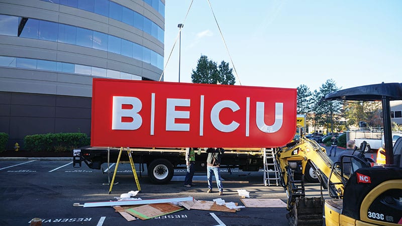 BECU Bank sign going up