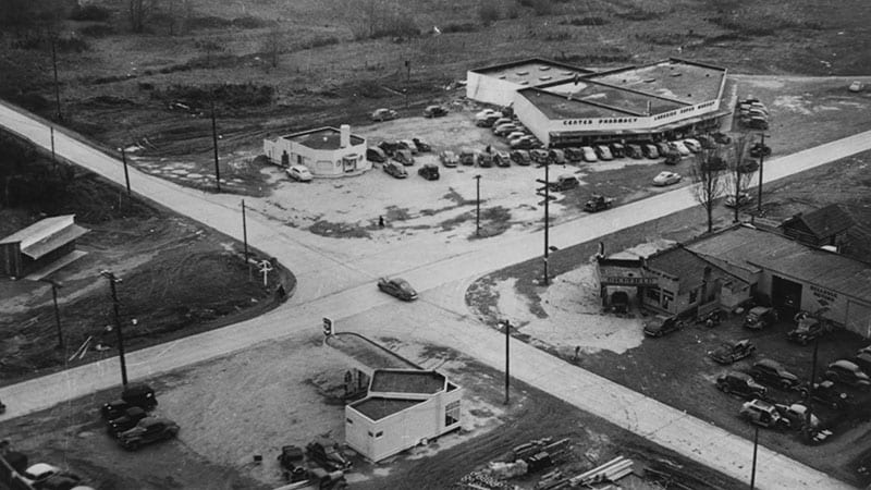 Aerial view of Northeast Eighth Street and Bellevue Way, c. 1930s