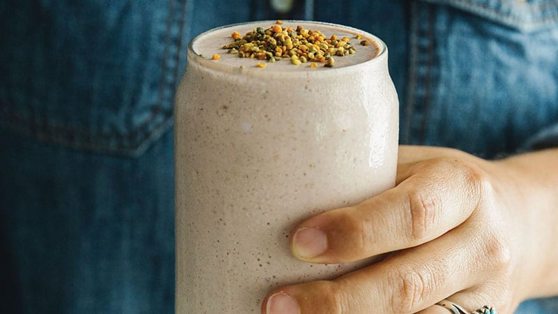 Strawberry Vanilla Almond Butter Smoothie with Bee Pollen