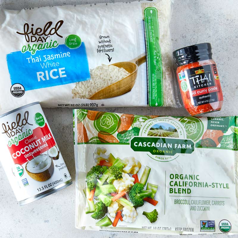 Jasmine Rice, Coconut Milk, Red Curry Paste, Organic Frozen Vegetables
