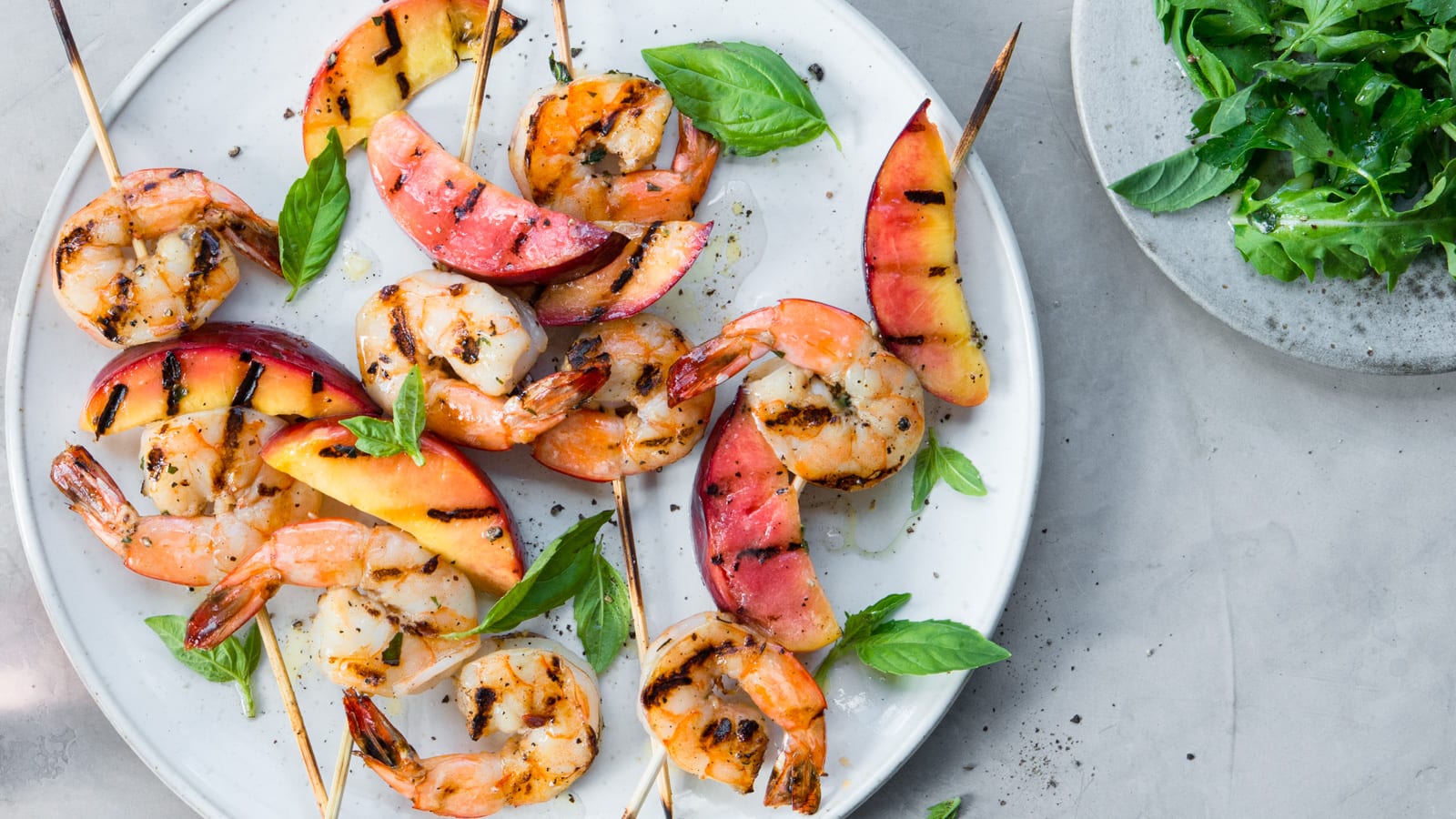 Grilled prawn and nectarine skewers