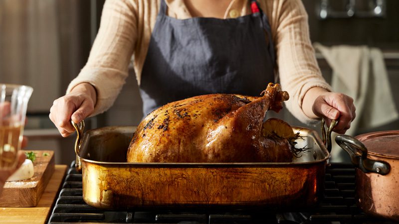 PCC holiday turkey in a roasting pan