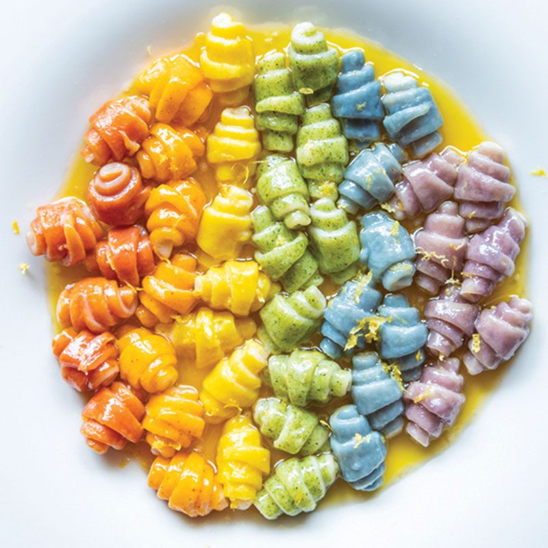Salty Seattle rainbow gnocchi in a bowl.