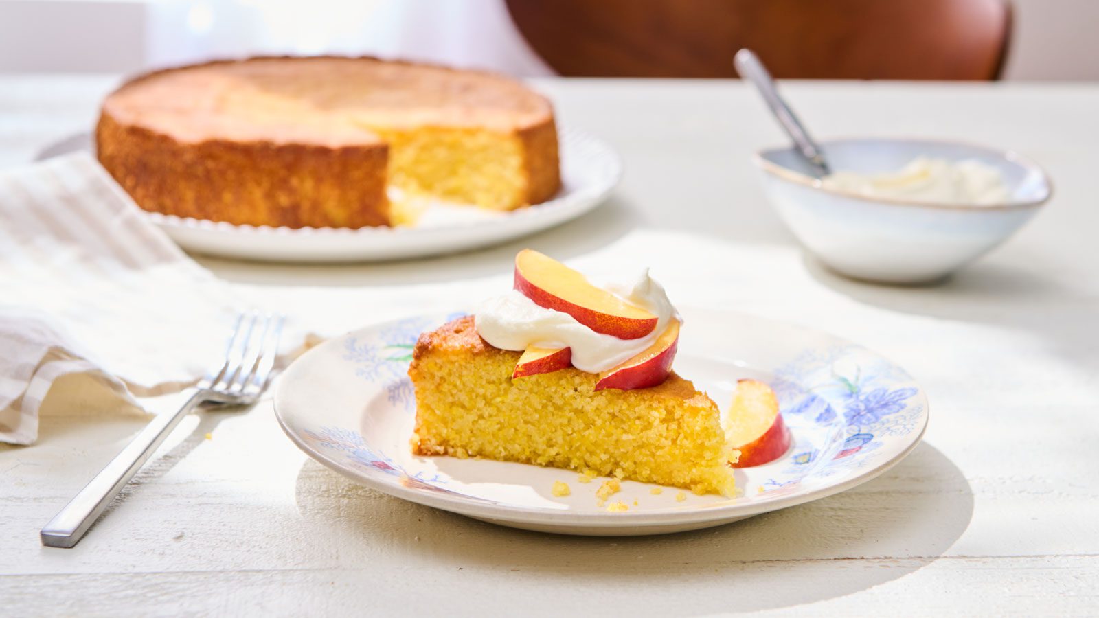Almond Polenta Cake with Nectarines and Crème Fraîche