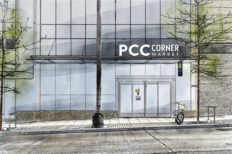 A depiction of the front entrance to the Downtown PCC Corner Market.