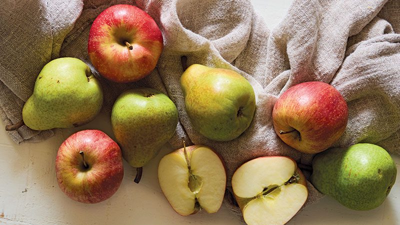 Apples and pears on a table.